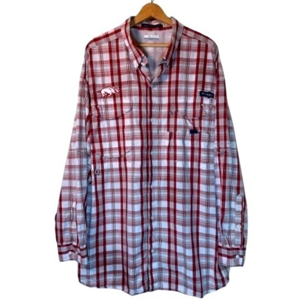 Columbia Arkansas Razorbacks Shirt Mens 2XL Red Plaid Super Bonehead PFG LS - Picture 3 of 11